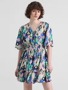 ONLY Aztec Printed Flared Sleeves Smocked V-Neck Layered Mini Fit & Flare Dress