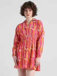 ONLY Abstract Printed Smocked Shirt Collar Fit & Flare Mini Dress