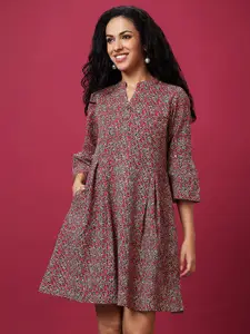 Globus Floral Printed Gathered Cotton A-Line Ethnic Dress