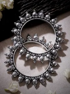 Rubans Set Of 2 Silver-Plated Oxidized Artisan-Crafted Bangles with Ghungroo Beads