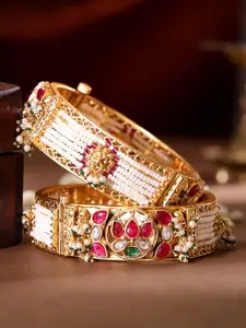 Rubans Set Of 2 24KT Gold-Plated Pearl Beaded Kundan Studded Bangles