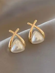KRYSTALZ Gold-Plated Pearl Beaded Triangular Studs Earrings