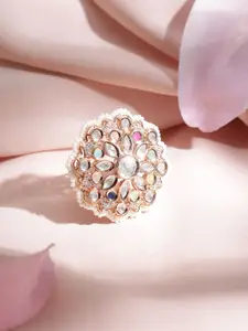 Rubans 22K Gold-Plated Multicolor Gemstone & CZ Studed Pearl Beaded Adjustable Finger Ring