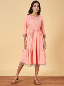 YU by Pantaloons Ethnic Motifs Embroidered Gathered Detail Fit and Flare Dress