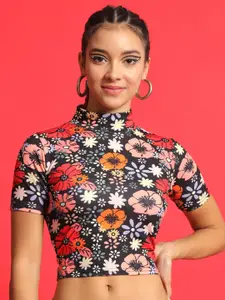MAZIE Floral Printed High Neck Crop Fitted Top