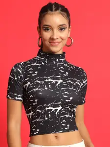 MAZIE Abstract Printed High Neck Crop Fitted Top
