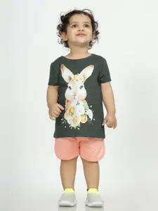 Huetrap Girls Rabbit Printed Round Neck T-Shirt