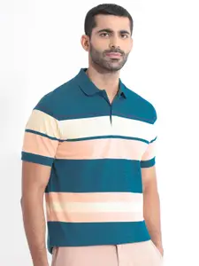 RARE RABBIT Striped Polo Collar Slim Fit Cotton T-Shirt