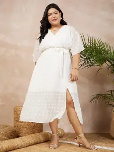 Berrylush Curve Plus Size White Self Design Flared Sleeve Tie Up Georgette Wrap Dress