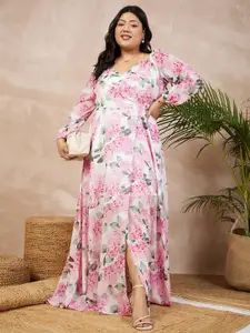 Berrylush Curve Plus Size White Floral Printed Georgette Wrap Maxi Dress