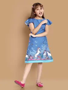 YK Girls Graphic Printed Flutter Sleeves Crepe A-Line Dress