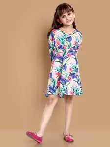 YK Girls Tropical Printed Puff Sleeves A-Line Dress