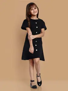 YK Girls Round Neck Short Sleeves Crepe Belted  A-Line Dress