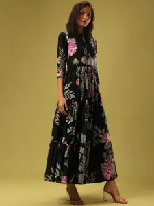 KALKI Fashion Floral Printed Mandarin Collar Maxi Dress