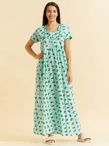 Sweet Dreams Green Floral Printed Square Neck Pure Cotton Maxi Nightdress