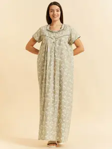 Sweet Dreams Khaki Floral Printed Pure Cotton Nightdress