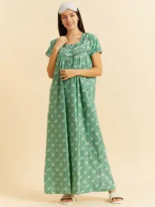 Sweet Dreams Green Geometric Printed Pure Cotton Nightdress