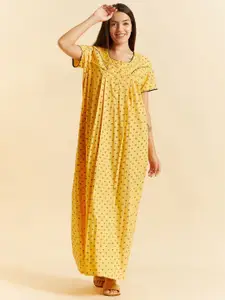 Sweet Dreams Yellow Ethnic Motifs Printed Pure Cotton Maxi Nightdress