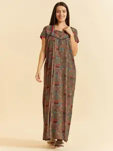 Sweet Dreams Brown Floral Printed Pure Cotton Maxi Nightdress