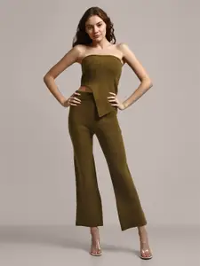 iki chic Olive Green Self Design Strapless Top With Trousers & Shrug