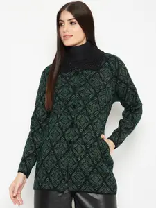 CREATIVE LINE Geometric Self Design Turtle Neck Woollen Cardigan Sweaters