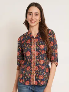 COTLAND FASHION Floral Print Shirt Collar Cotton Shirt Style Top