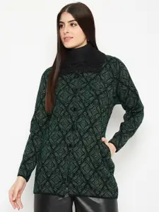 CREATIVE LINE Geometric Self Design Spread Collar Long Sleeves Woollen Cardigan Sweater