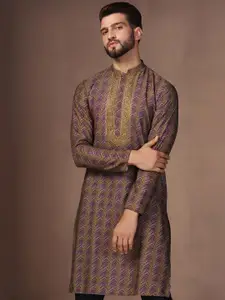 KISAH Geometric Printed Thread Work Straight Kurta