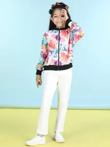 Cutiekins Girls Floral Printed Mock Collar Long Sleeves Fleece Front-Open Sweatshirt