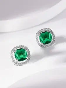 Rubans Premium Rhodium Plated Crystal Emerald & Zirconia Studded Cushion Cut Stud Earrings