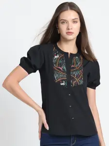 SHAYE Ethnic Motifs Printed Puff Sleeve Shirt Style Top