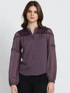 SHAYE Smart Opaque Embellished Mandarin Collar Pure Chiffon Party Shirt