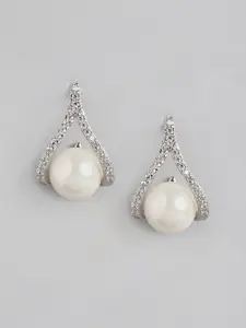 Carlton London Rhodium-Plated Pearl Contemporary Stud Earrings