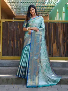 Mitera Turquoise Blue & Blue Ethnic Motif Woven Design Zari Kanjeevaram Saree