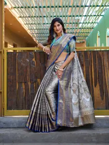Mitera Grey & Blue Ethnic Motifs Woven Design Zari Kanjeevaram Saree