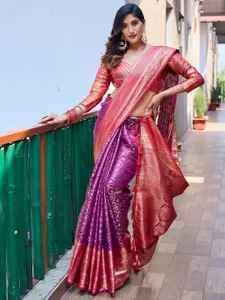 Mitera Purple & Red Ethnic Motifs Woven Design Zari Kanjeevaram Saree