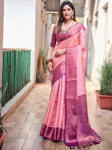 Mitera Pink & Lavender Ethnic Motifs Woven Design Zari Kanjeevaram Saree