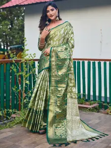 Mitera Green & Gold-Toned Ethnic Motifs Woven Design Zari Kanjeevaram Saree