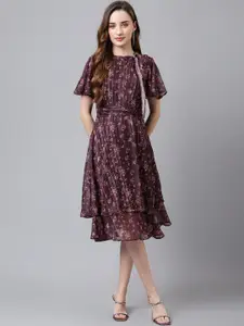 Latin Quarters Floral Printed Flared Sleeves Tie-Ups Layered Fit & Flare Dress