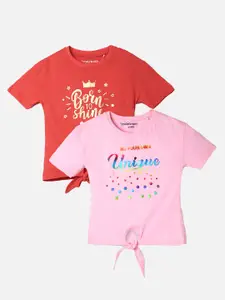 UrbanMark Girls Pack Of 2 Typography Printed Pure Cotton T-shirt