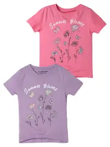 UrbanMark Girls Pack Of 2 Floral Printed Pure Cotton T-shirt