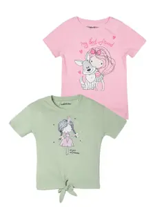 UrbanMark Girls Pack of 2 Printed Pure Cotton Short Sleeved T-shirts