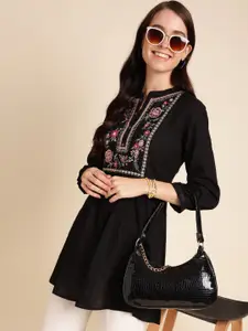 Sangria Embroidered Mandarin Collar A-Line Short Kurti