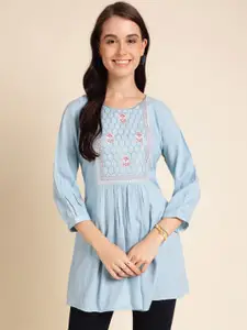Sangria Floral Embroidered A-Line Short Kurti
