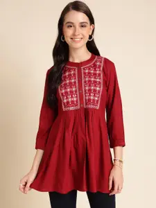 Sangria Floral Embroidered A-Line Short Kurti