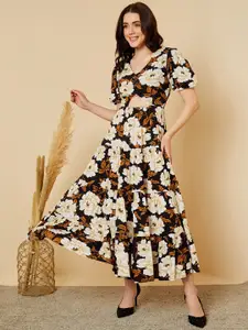 MAGRE Black & Beige Floral Printed Cut-Out Detailed Tiered Puff Sleeves Fit & Flare Dress