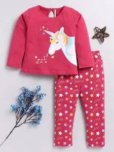 Toonyport Girls Unicorn Printed Pure Cotton T-shirt With Trousers