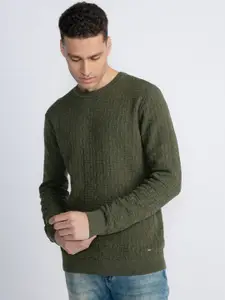 Petrol Geometric Self-Design Round-Neck Pure Cotton Pullover