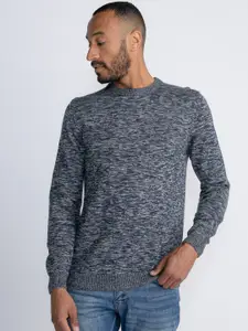 Petrol Melange Effect Pure Cotton Self Design Pullover