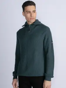 Petrol Cable Knit Half Zipper Pullover